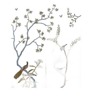 Silver Leaf Hand‑Painted Chinoiserie Mural, Birds & Blossom Floral Wallpaper Panels For Sale