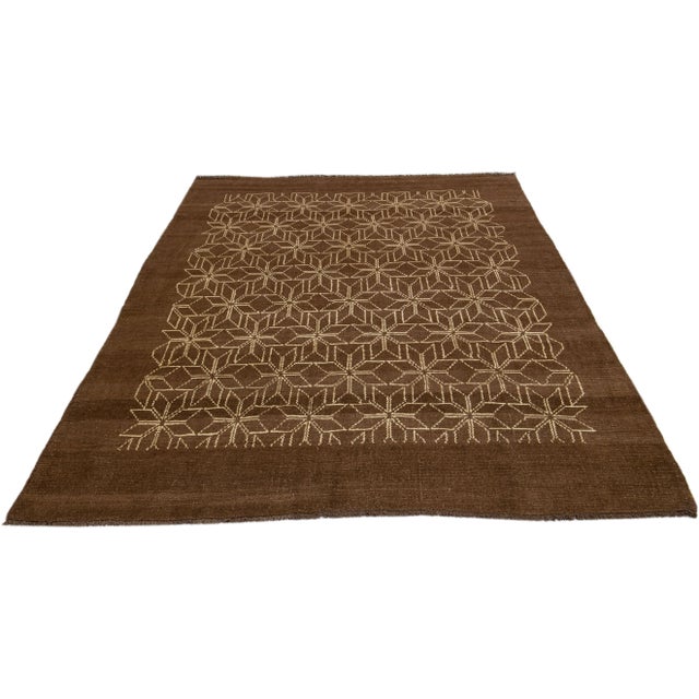 Tribal Modern Moroccan Style Handmade Geometric Brown Wool Rug For Sale - Image 3 of 8