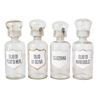 4 Vintage Italian Glass Pharmacy Jars with Labels, Sold Each For Sale