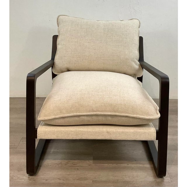 Stylish and versatile Modern Dark Oak and Woven Cream Performance Fabric Lounge Chairs Pair, very comfortable, showroom...