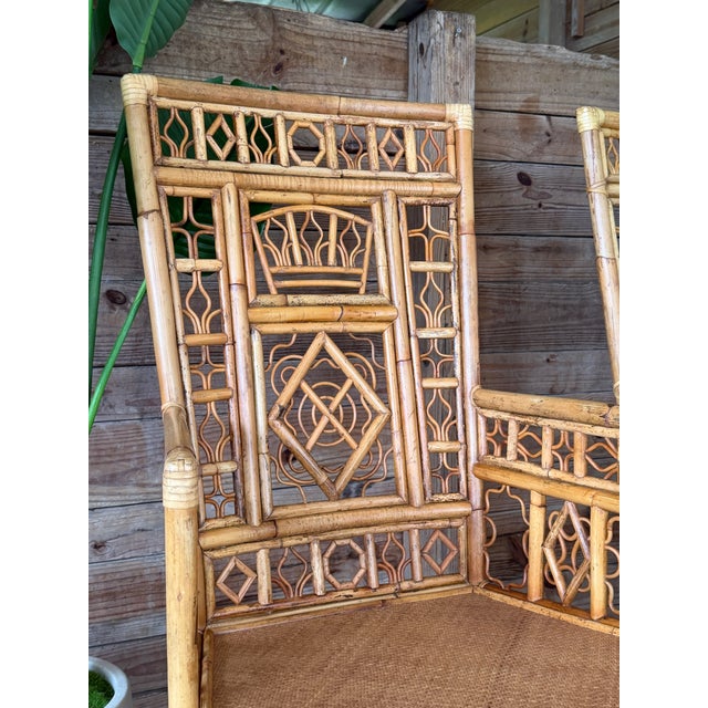 Pair Vintage Brighton Pavilion Style High-Back Fretwork Bamboo Rattan Armchairs For Sale - Image 10 of 12