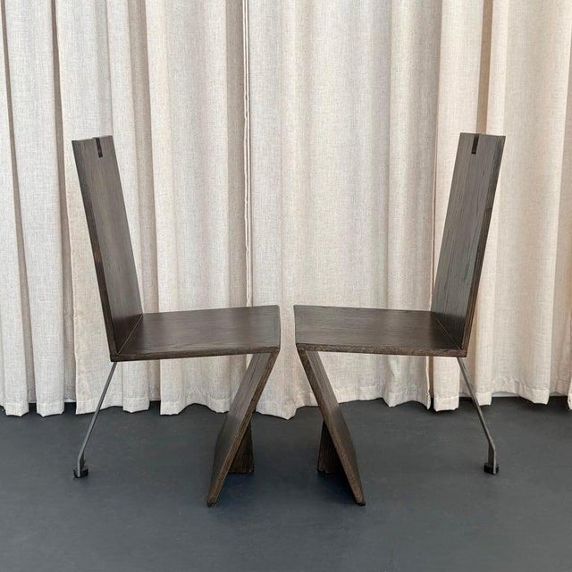 Wood 1980s Post Modern Artisan Made Angular Ebonized Oak and Steel Chairs For Sale - Image 7 of 9