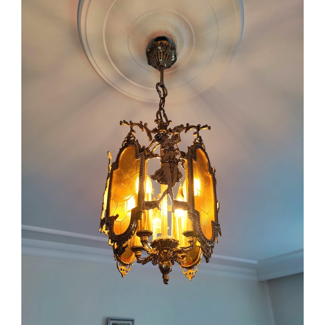 1960s Art Nouveau Brass Venus Pendant Light With Amber Glass For Sale - Image 11 of 14