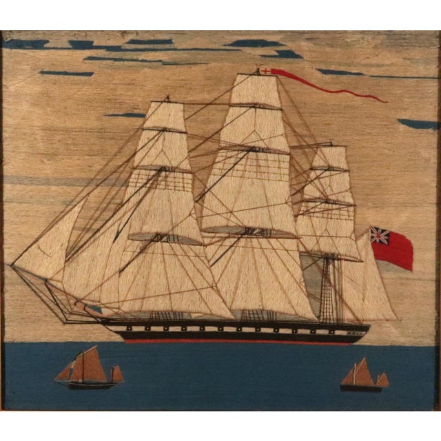 Folk Art Sailor's Woolwork of Royal Navy Ship With Red Ensign With Two Bermudan Ketches For Sale - Image 3 of 6