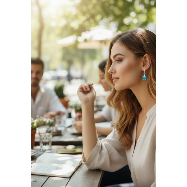 14k White Gold Oval Natural Turquoise & Diamond Shepherd Hoop Earrings, A Pair For Sale In New York - Image 6 of 8