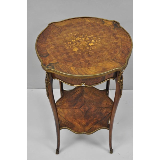 Antique French Louis XV Style Marquetry Inlay Bronze Ormolu 2 Tier Rosewood Round Occasional Side Table. Circa Early 20th...