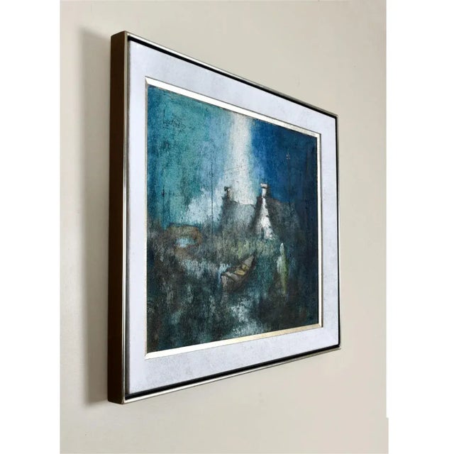 Wood Expressionist Rustic European Blue White and Teal Village Landscape Painting With Boat For Sale - Image 7 of 16