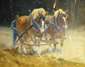 Fallow Fields by Lani Vlaanderen | Oil Painting of two horses plowing a field.
