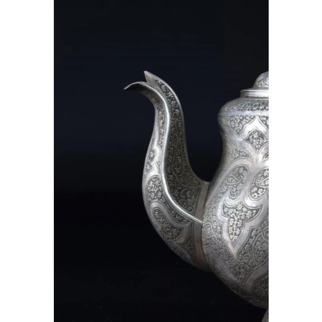 Islamic Large 1950s Engraved Sterling Silver Teapot With Wood Handle, 766 G For Sale - Image 3 of 5