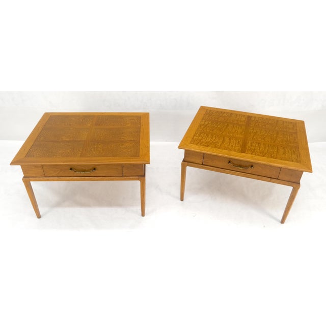 Pair of Fine Blond Tiger Maple Square End Side Lamp Tables One Drawer MINT