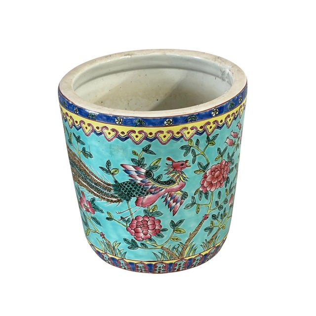 Antique Chinoiserie Famille Rose Porcelain Jardiniere With Turquoise Glaze 8"h For Sale - Image 4 of 12