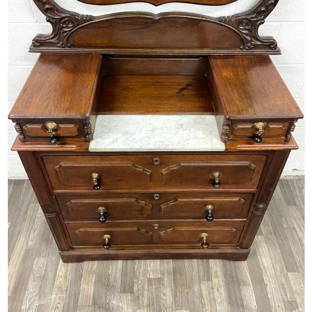 Late 20th Century Antique Victorian Walnut and Marble Five Drawer Dresser With Mirror For Sale - Image 5 of 11