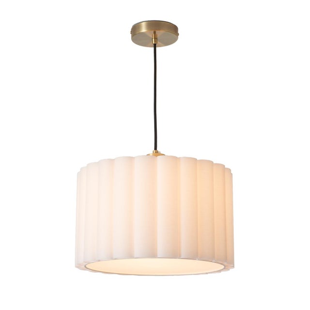 Scalloped Pendant Light - Weathered Brass, White Linen, Diffuser, Dimmable For Sale - Image 4 of 7