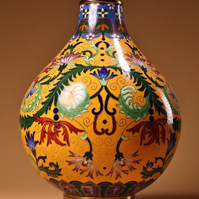 Yellow Vintage Chinese Gilt Copper Cloisonné "Garlic-Mouth" Floral Vase - 1360g For Sale - Image 8 of 10