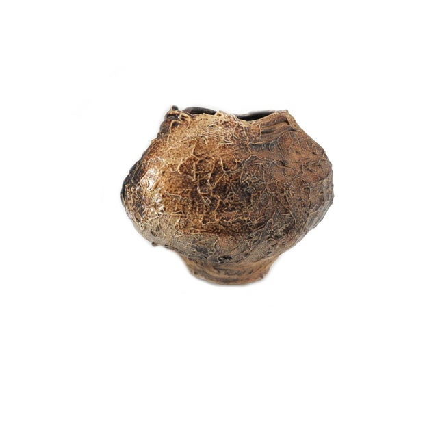 1980s 1980s Rustic Assimentrical Artisan Bulbous Pottery Vase With Textured Earth Tones For Sale - Image 5 of 10
