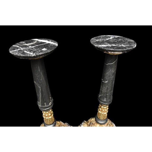 This superb pair of French antique marble and bronze ornate pedestals is a stunning example of French architecture from...