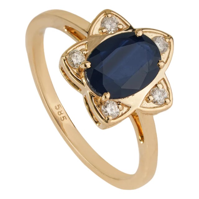 14k Yellow Gold 1.3ct Oval Deep Blue Sapphire & Diamond Star Cluster Ring Size 5.5 For Sale