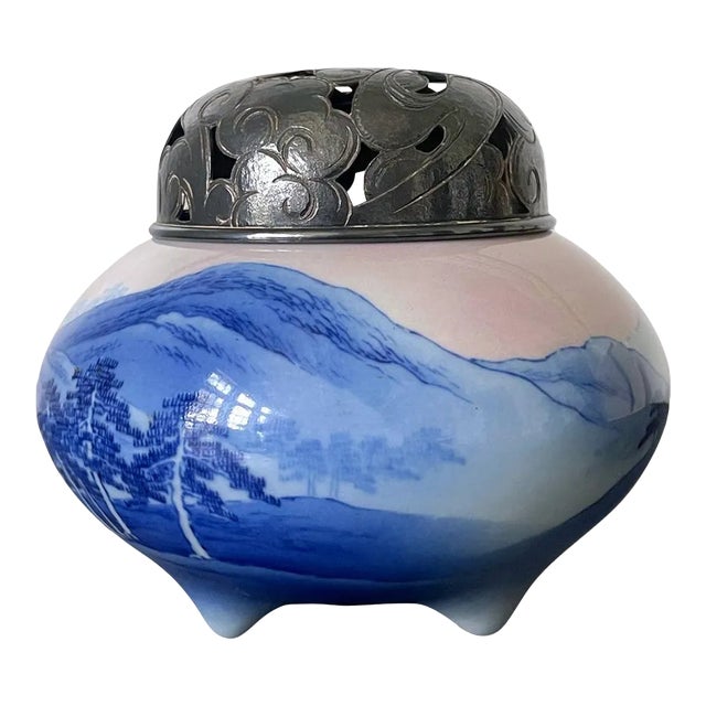 Early 20th Century Makuzu Kozan Japanese Meiji Period Glazed Ceramic and Silver Koro Incense Burner For Sale