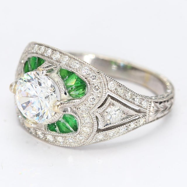 18k White Gold Antique Semi-Mount Ring Cz Center, Green Stone Accents & Filigree, Size 5.5 For Sale - Image 4 of 5