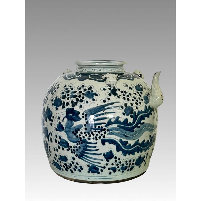 Paint Rare 19th. Century Large Chinese Blue and White Phoenix (Wine) Vessel / Pot For Sale - Image 7 of 14