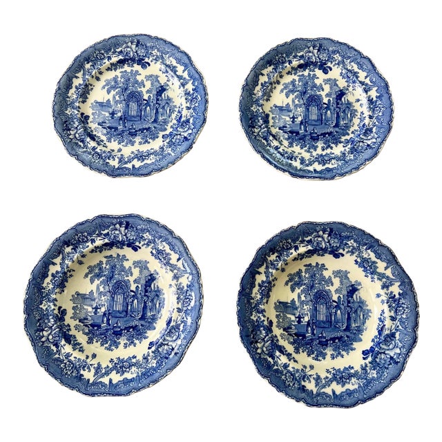 Antique English Blue & White Transferware Serving Bowls & Plates, “Ancient Ruins” by Ashworth Bros, Set of 4 For Sale