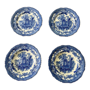 Antique English Blue & White Transferware Serving Bowls & Plates, “Ancient Ruins” by Ashworth Bros, Set of 4