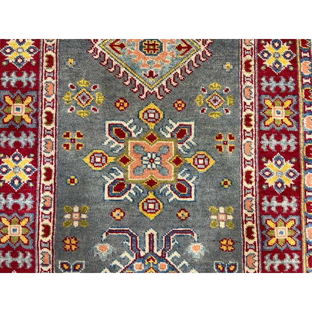 Gray and Red Tribal Wool Runner Rug With Geometric Medallions, 2'11