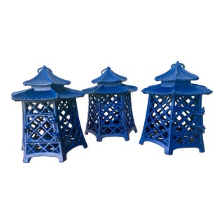 Three Vintage Blue Chinoiserie Asian Cast Iron Pagoda Laterns - a Set For Sale