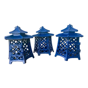 Three Vintage Blue Chinoiserie Asian Cast Iron Pagoda Laterns - a Set