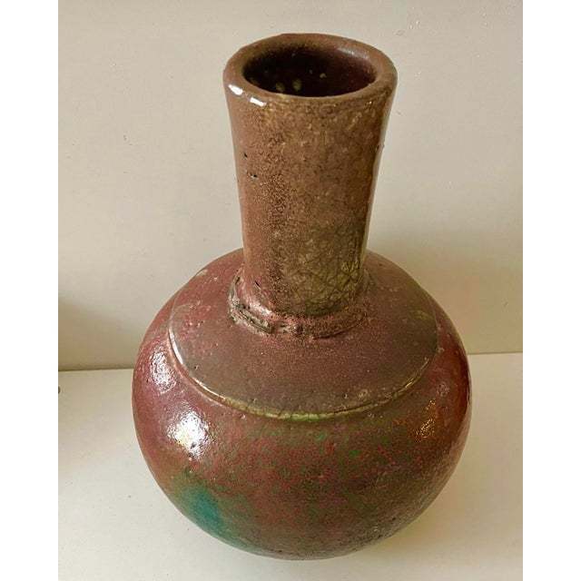 Contemporary Vintage Signed Studio Pottery Vase With Layered Burnt Umber and Teal Green Glaze For Sale - Image 3 of 7