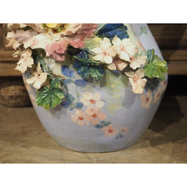 Pair of Circa 1890 Hand Painted French Gros-Relief Blue Ground Barbotine Vases For Sale - Image 13 of 18