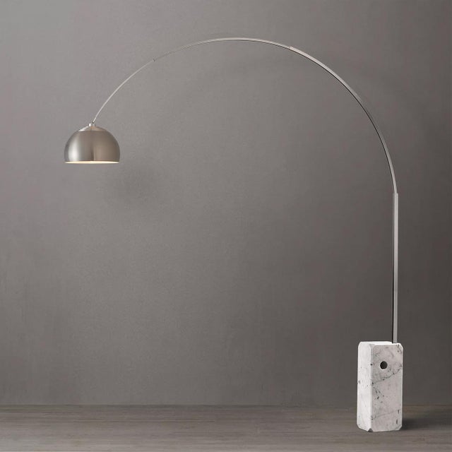 Overhead light without the ceiling work - a half-dome satin nickel arc lamp in satin nickel and white marble, 95 inches of...