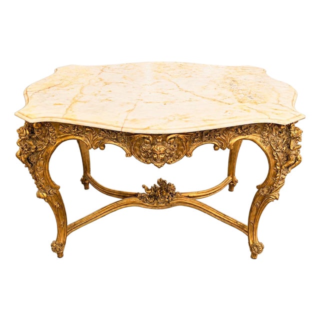 Vintage Rococo Cherub Marble Top Center Table Elegant White Marble Design For Sale