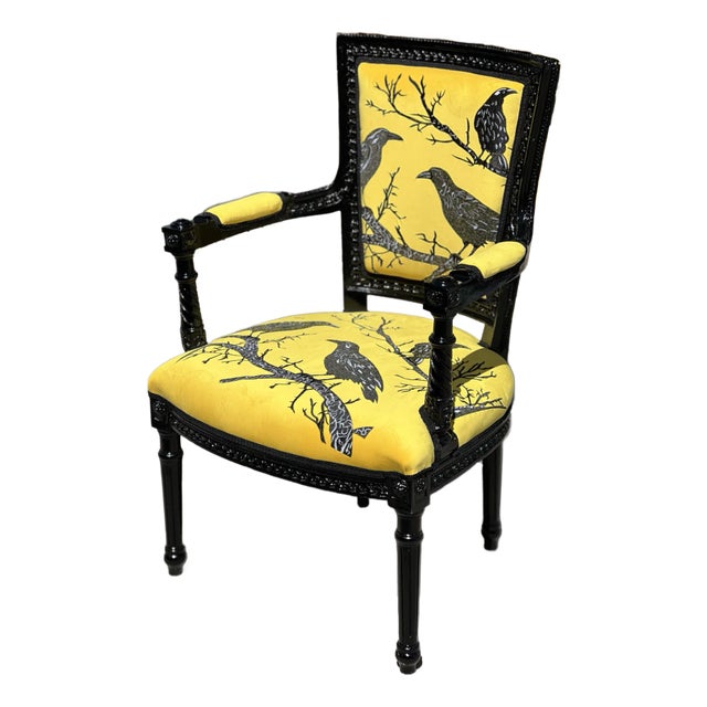 1960s Gothic Raven Crow Yellow Velvet and Embroidery Armchair For Sale