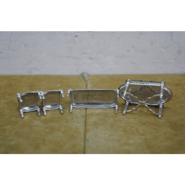 Antique Victorian Miniature Silver Dollhouse Furniture Settee Table Chairs 2" For Sale - Image 10 of 18