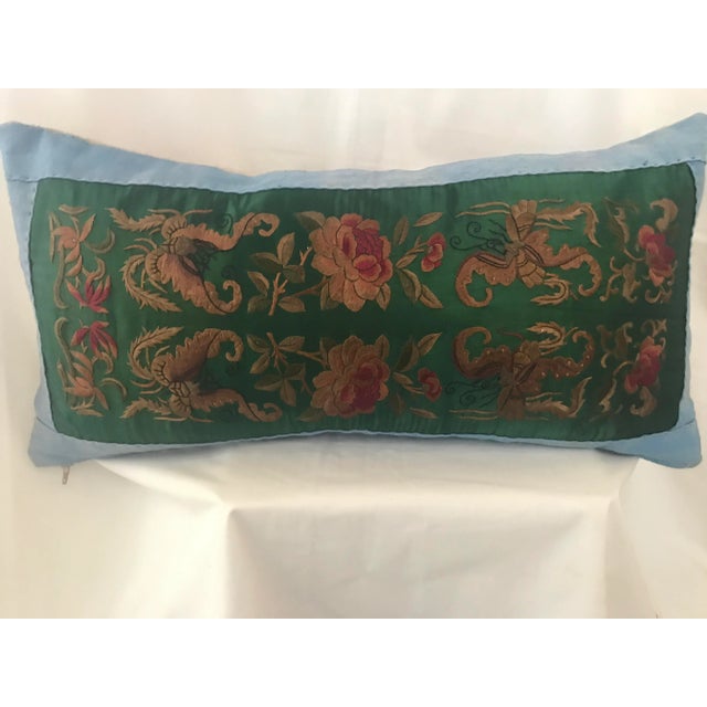 Custom pillow made of a vintage colorful embroidered silk Asian textile fragment with butterfly moth hand stitched on...