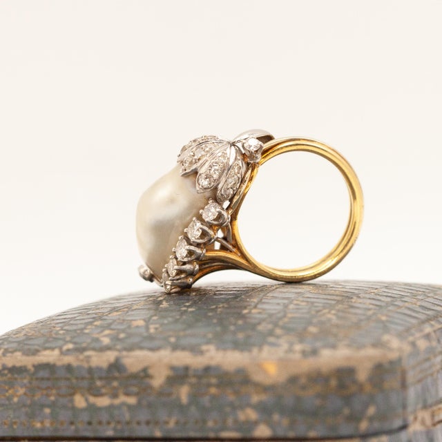 Mid 20th Century Mid 20th Century 18k Yellow Gold and White Gold Gia Certified Natural Pearl Diamond Ring, Size 6.5 For Sale - Image 5 of 11