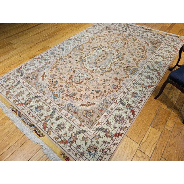 Textile Persian Tabriz Rug, Handwoven Floral Design, Silk Highlight, Taupe & Pale Green, 7’ X 10’ For Sale - Image 7 of 12