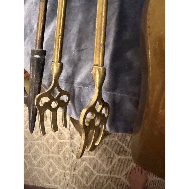 Metal Mid-Century Modern Maison Jansen Style Brass Duck-Head Fireplace Tools & Stand - 5 Pieces For Sale - Image 7 of 12