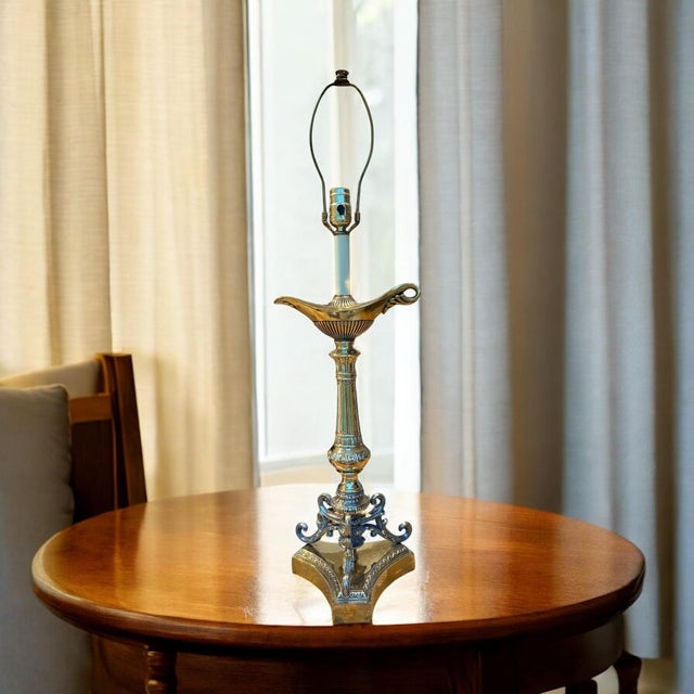 Neoclassical Hollywood Regency Brass Aladdin Tall Table Lamp For Sale - Image 16 of 16
