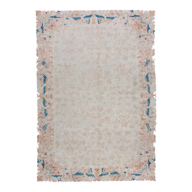 1920s Ivory Floral Antique Chinese Peking Carpet 6'1" X 8'8" Handknotted Wool Rug For Sale
