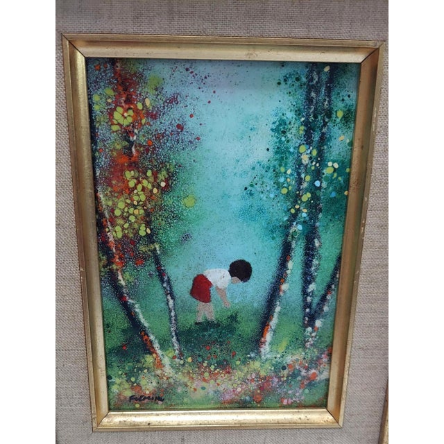 Sweet enameled painting on copper. Sweet child in the woods on a fine autumn day. Signed Fleming. Frame measures 12 X 10...