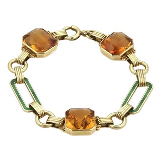 Art Deco Citrine Enamel Gold Bracelet 14k Yellow Fancy Link For Sale