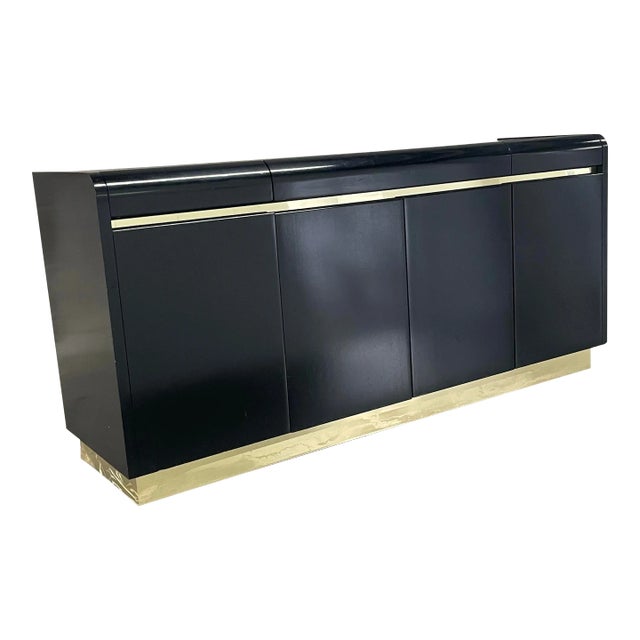 Black Lacquer Brass Plinth Base Buffet by Lane For Sale