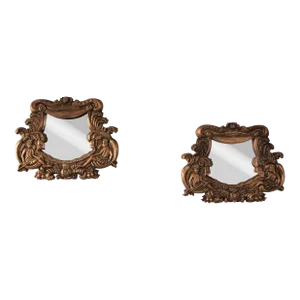 Vintage Rococo Syroco Style Carved Relief Frame Wall Mirrors in Gilt Molded Plaster Native Islander Motif - a Pair