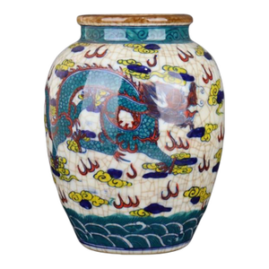 Chinese Vintage Ceramic Pot,Qing Dynasty Kangxi Marked Blue and White Famille Verte Porcelain Jar Hand Painted Cloud Dragon Pattern