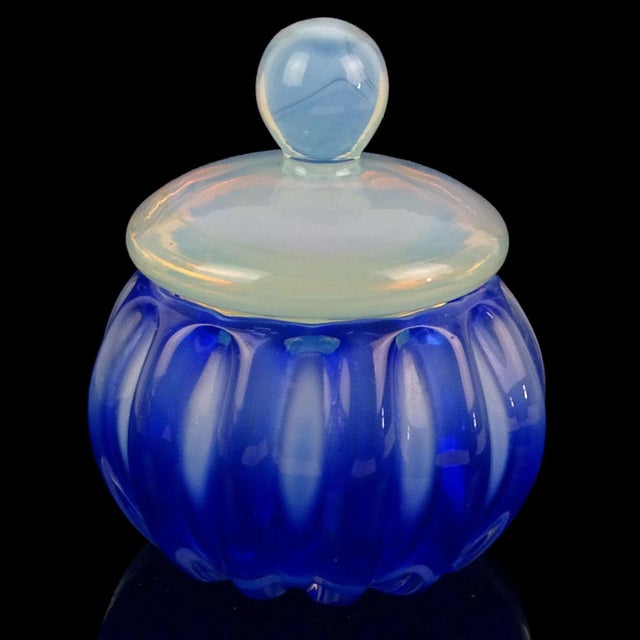 Mid-Century Modern Vintage Seguso Murano Sapphire Blue Fiery Opal White Italian Art Glass Vanity Jar Powder Box For Sale - Image 3 of 7