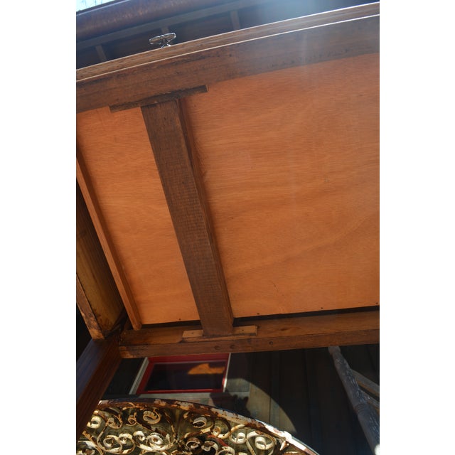 1980s Vintage Wooden English Tall Legged Cabinet or Desk W/ 3 Drawers & Carving For Sale - Image 12 of 12