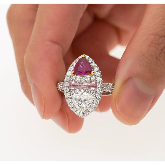 Art Deco Grs Certified Trilliant Burma Ruby and Diamond Long Oval Toi Et Moi Ring Size 6 For Sale - Image 3 of 11