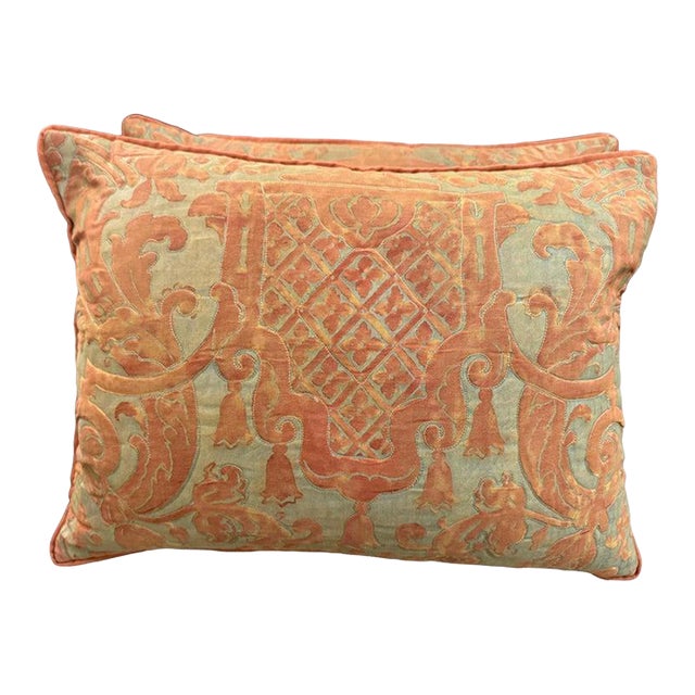 Pair of Rare Quilted Fortuny Pillows With Tassel Motif, Italy For Sale